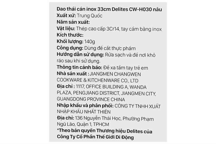 Dao thái inox Delites CW-H030 Màu Nâu