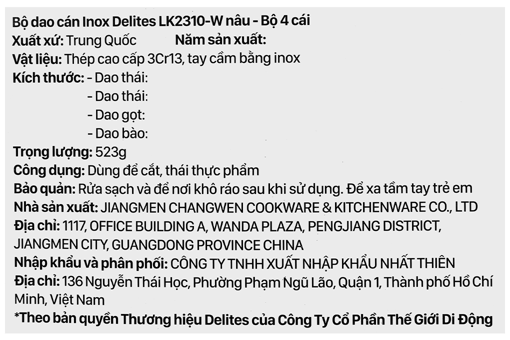 Bộ dao inox Delites LK2310-W Màu Nâu nhạt