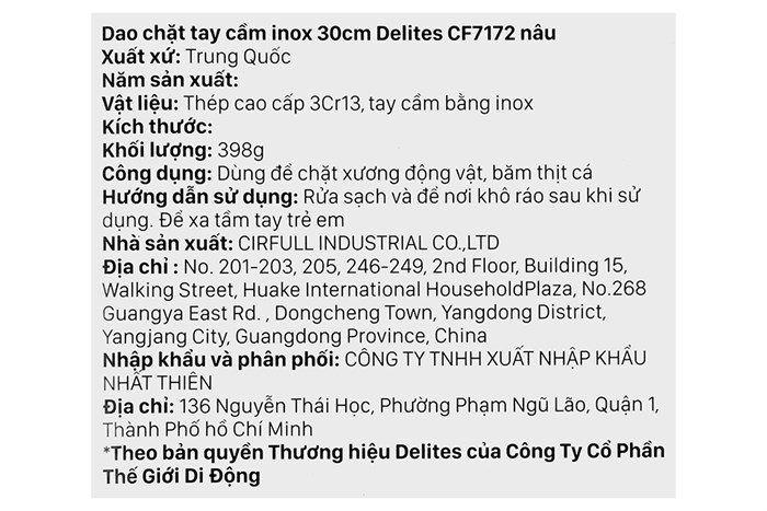 Dao chặt inox Delites CF7172 Màu Nâu