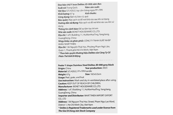 Dao bào chữ Y inox Delites JD-008 Màu Đen - Xám