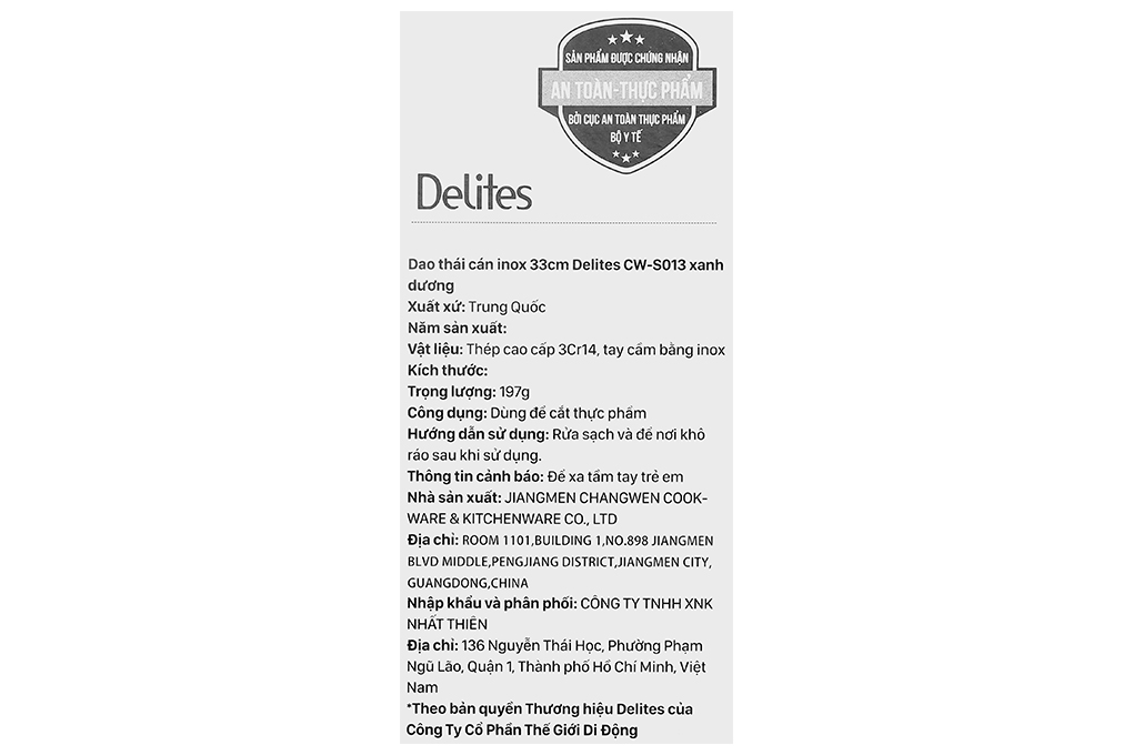 Dao thái inox Delites CW-S013 Màu Xanh Dương