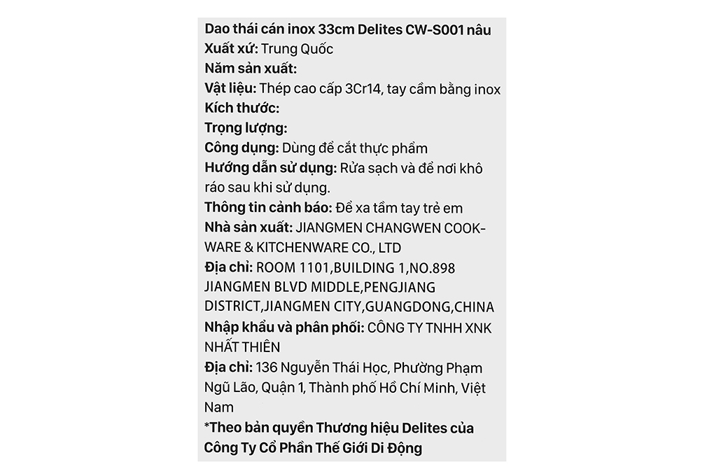 Dao thái inox Delites CW-S001 Màu Nâu