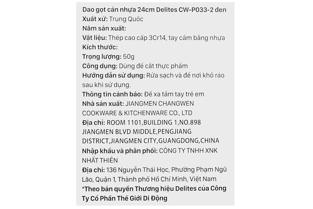 Dao gọt inox Delites CW-P033-2 Màu Đen
