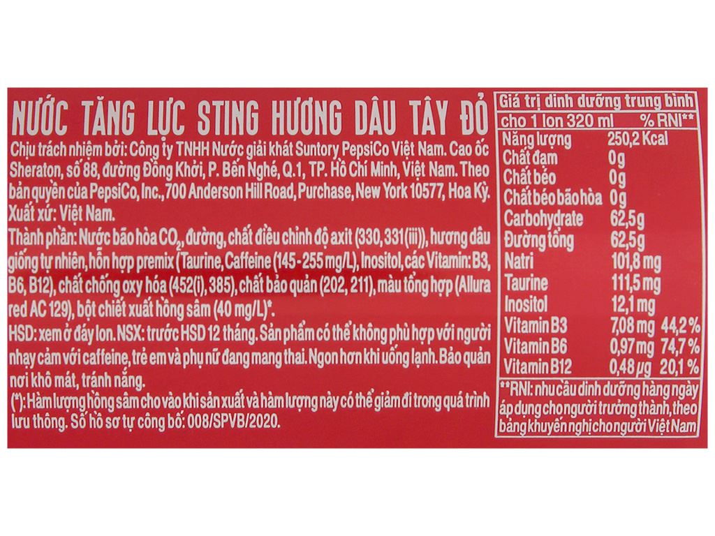 24 lon nước tăng lực Sting hương dâu 320ml 6