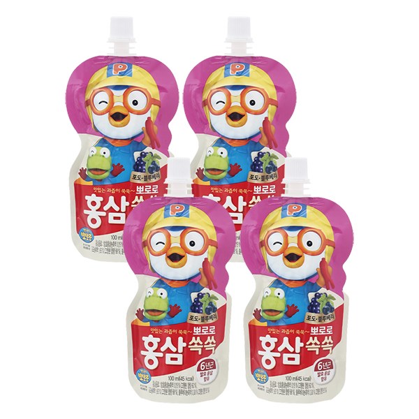 Combo 4 Túi Nước Ép Trái Cây Pororo Hồng Sâm Vị Nho, Việt Quất 100 Ml (Từ 1 Tuổi)