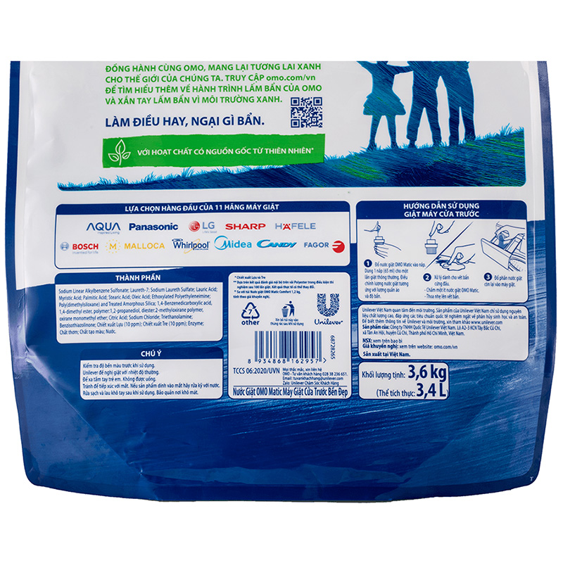 Nước giặt OMO Matic Bền Đẹp hương thơm bền lâu túi 2.8 lít 12