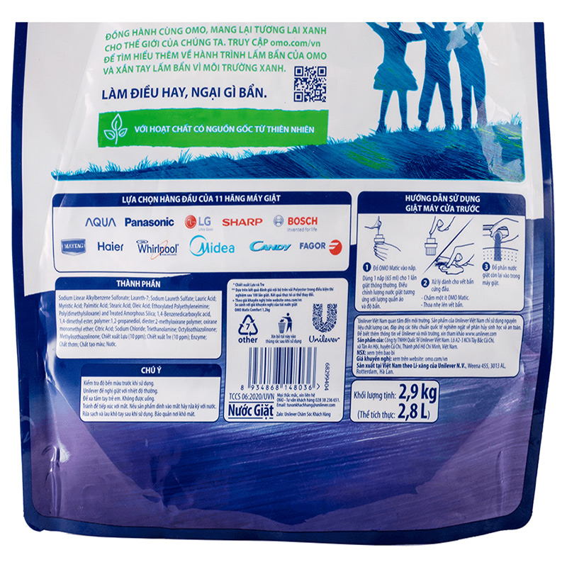 Nước giặt OMO Matic Bền Đẹp hương thơm bền lâu túi 2.8 lít 6