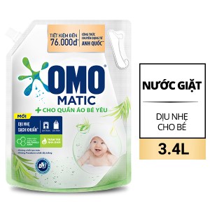 Nước giặt cho bé OMO Matic dịu nhẹ cho quần áo bé yêu với công thức màn chắn kháng bẩn loại bỏ mùi hôi túi 3.4 lít