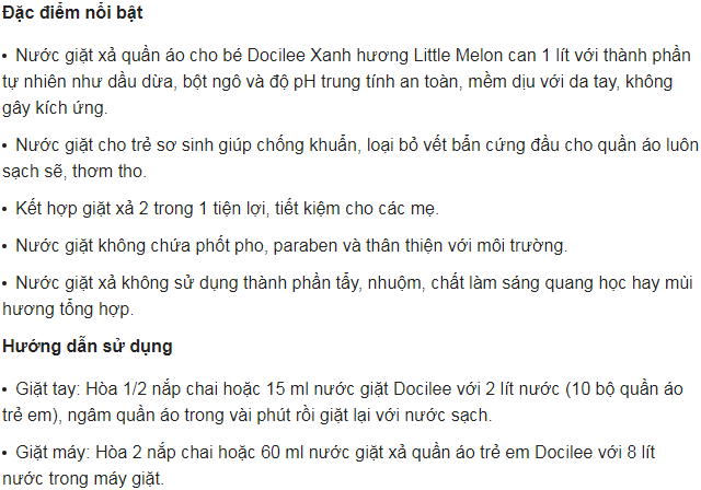 Đặc điểm nổi bật của nước giặt xả cho bé Docilee xanh