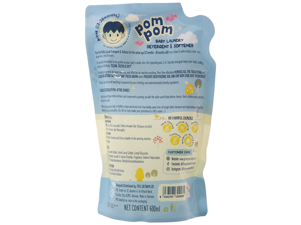 Nước giặt xả Pom Pom cho bé năng động túi 600ml (12-36 tháng) 3