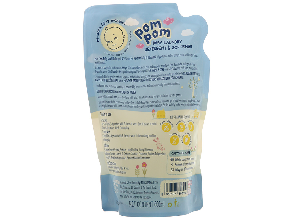 Thùng 8 túi Nước giặt xả Pom Pom cho bé sơ sinh 600ml (0-12 tháng) 3