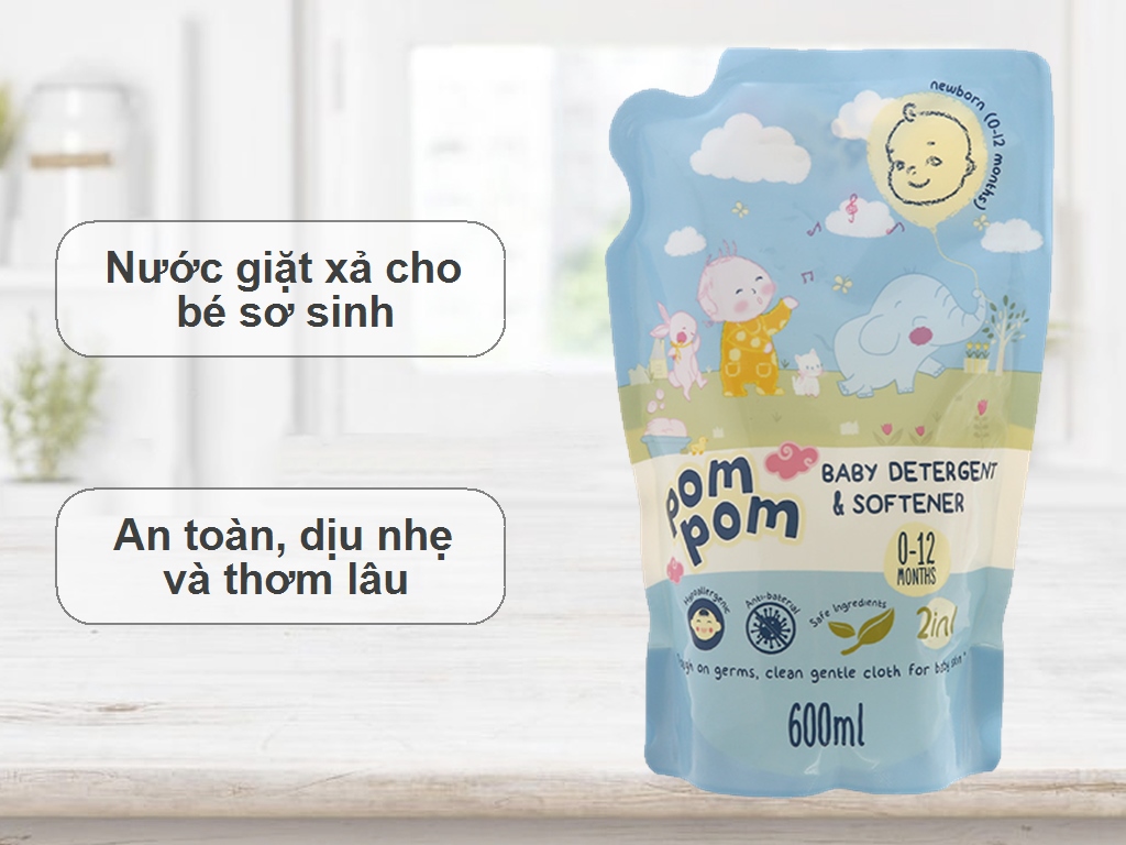 Thùng 8 túi Nước giặt xả Pom Pom cho bé sơ sinh 600ml (0-12 tháng) 6
