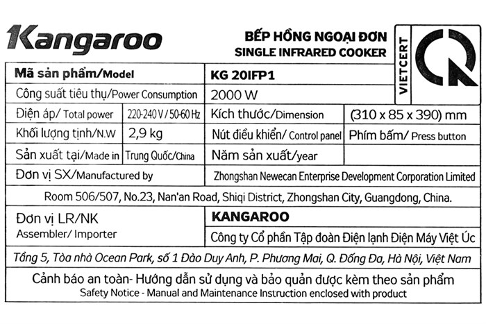Bếp hồng ngoại đơn Kangaroo KG20IFP1 2000W Màu Đen