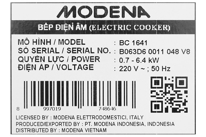 Bếp hồng ngoại 4 vùng nấu lắp âm Modena BC1641 Màu Đen