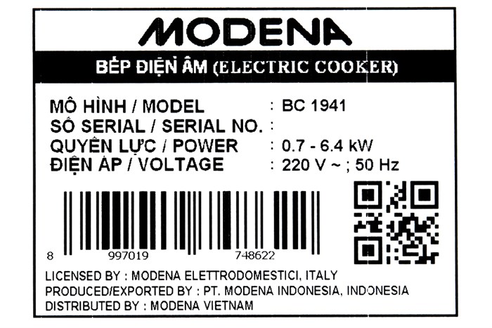 Bếp hồng ngoại 4 vùng nấu lắp âm Modena BC 1941 Màu Đen