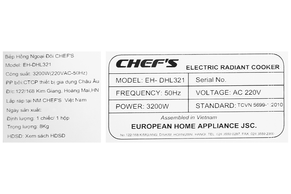 Bếp hồng ngoại đôi lắp âm Chefs EH-DHL321