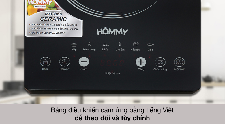 Bếp hồng ngoại đơn Hommy 809 - Bảng điều khiển cảm ứng Tiếng Việt