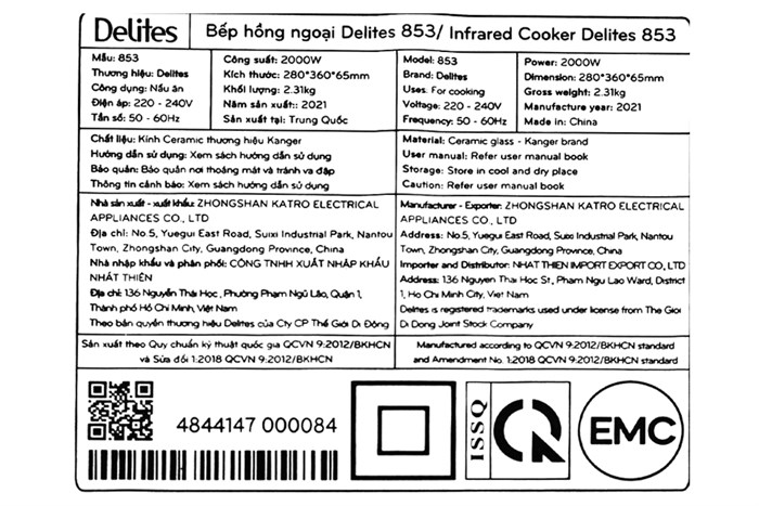 Bếp hồng ngoại đơn Delites 853 2000W Màu Đen