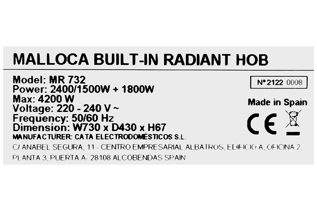 Bếp hồng ngoại đôi âm Malloca MR 732 4200W Màu Đen