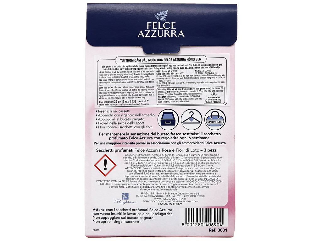 Túi thơm đậm đặc Felce Azzurra hương hồng sen 36g (12g x 3 túi) 3