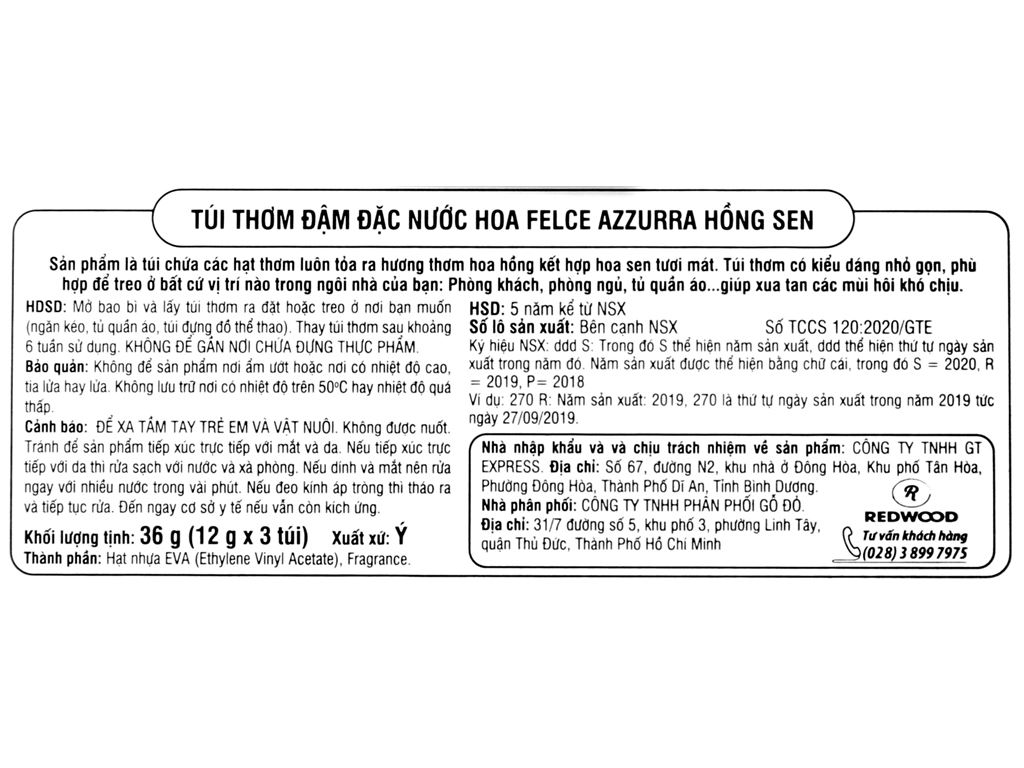 Túi thơm đậm đặc Felce Azzurra hương hồng sen 36g (12g x 3 túi) 3