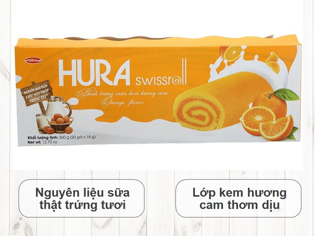 Bánh trứng cuộn kem hương cam Hura Swissroll hộp 360g (20 cái) 2