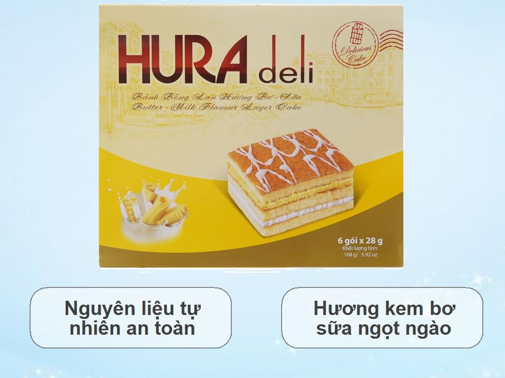 Bánh bông lan hương bơ sữa Hura Deli hộp 168g (6 cái) 2