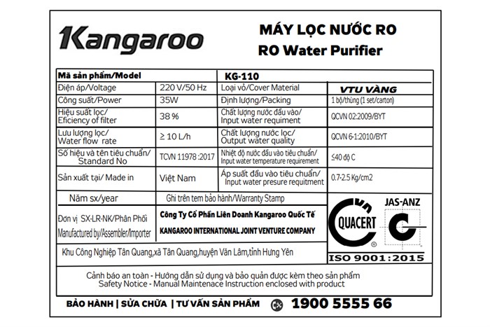 Máy lọc nước RO Kangaroo KG110VTU 9 lõi Màu Vàng