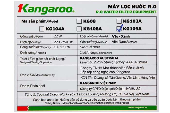 Máy lọc nước RO Kangaroo VTU KG109A 9 lõi Màu Trắng - Đen