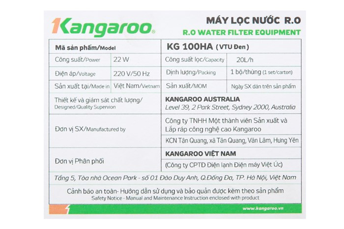 Máy lọc nước RO Hydrogen Kangaroo VTU KG100HA 9 lõi Màu Đen - Bạc