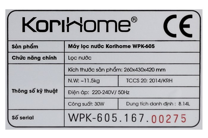 Máy lọc nước RO Korihome WPK-605 6 lõi Màu Trắng - Đen