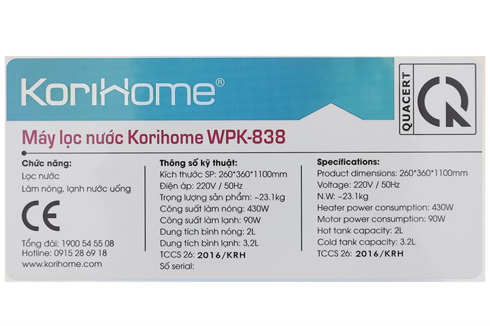 Máy lọc nước RO nóng lạnh Korihome WPK-838 5 lõi Màu Trắng - Đen