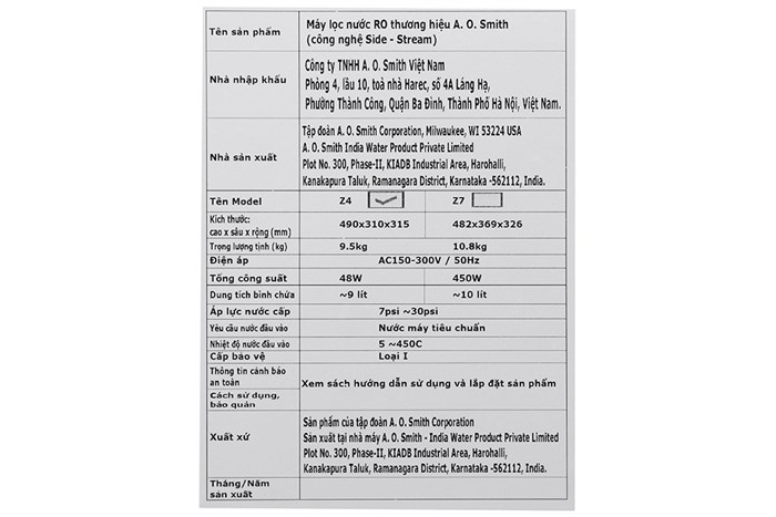Máy lọc nước RO AOSmith Z4 5 lõi Màu Trắng