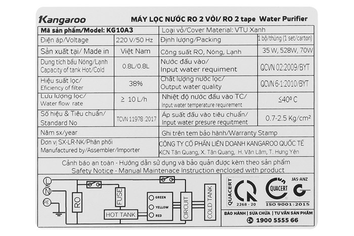 Máy lọc nước RO nóng nguội lạnh Kangaroo KG10A3 10 lõi Màu Đen - Xám