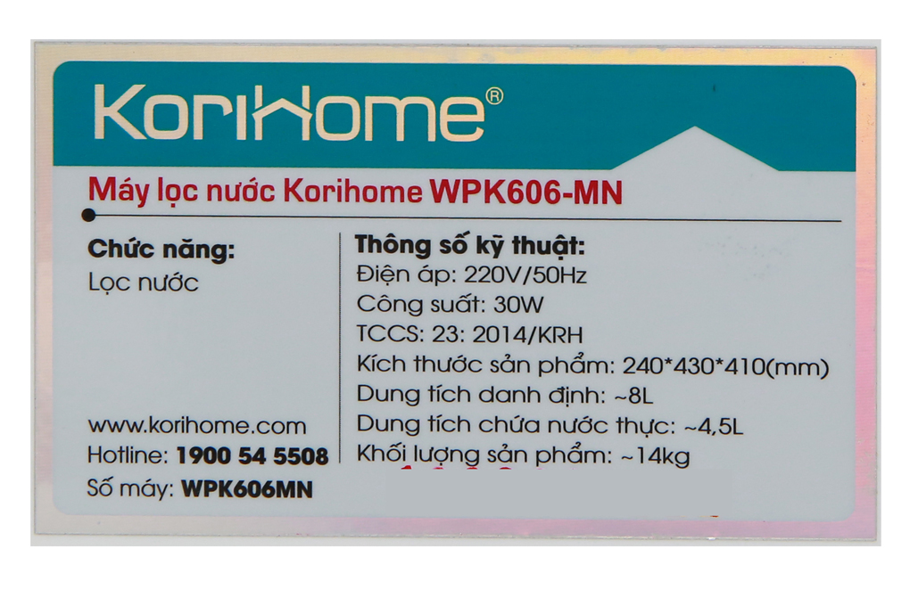 Có công suất 30 W, công suất lọc nước đạt 15 lít/giờ - Máy lọc nước RO Korihome WPK-606-MN 6 lõi