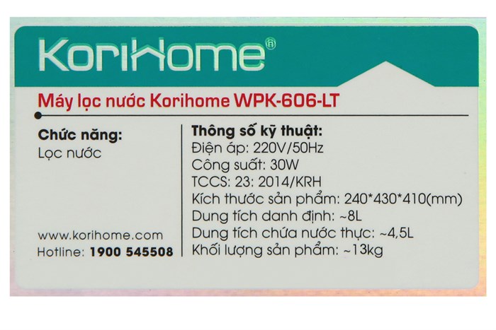 Máy lọc nước RO Korihome WPK-606-LT 6 lõi Màu Trắng
