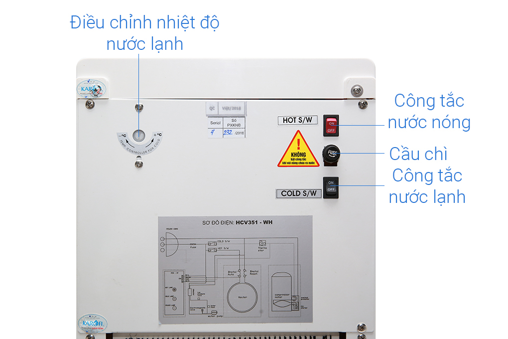 Trang bị công tắc nóng/lạnh riêng, nút vặn chỉnh nhiệt độ nước lạnh tiện lợi - Máy lọc nước tích hợp nóng lạnh Karofi HCV351-WH