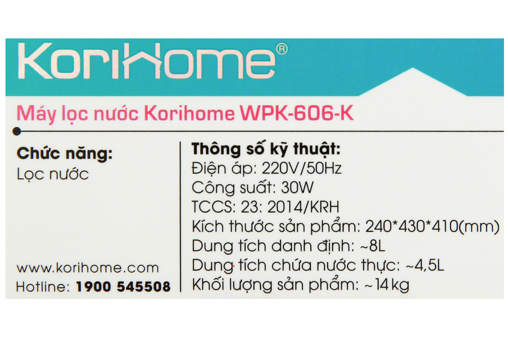 Máy lọc nước RO Korihome WPK-606-K 8 lõi Màu Trắng