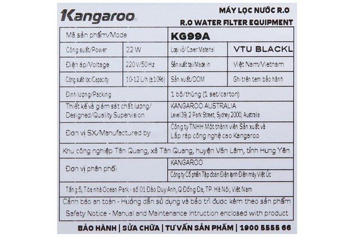 Máy lọc nước RO Kangaroo KG99A VTU 9 lõi Màu Bạc