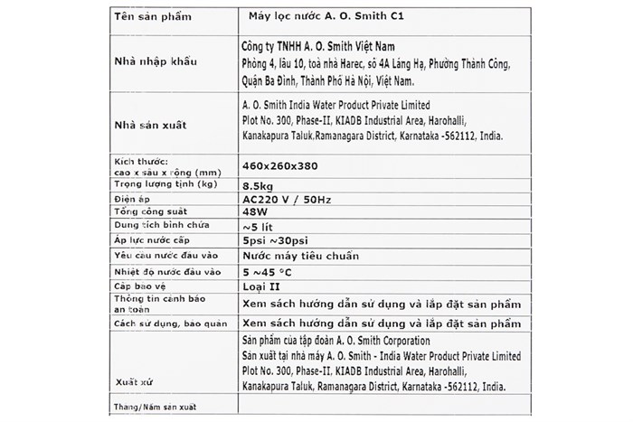 Máy lọc nước RO AOSmith C1 4 lõi Màu Trắng