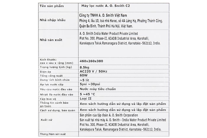Máy lọc nước RO AOSmith C2 4 lõi Màu Trắng