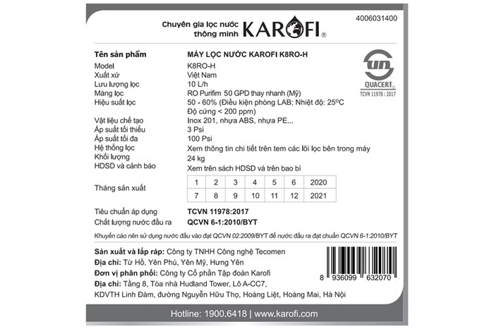 Máy lọc nước RO Karofi K8RO-H 8 lõi Màu Trắng - Đen