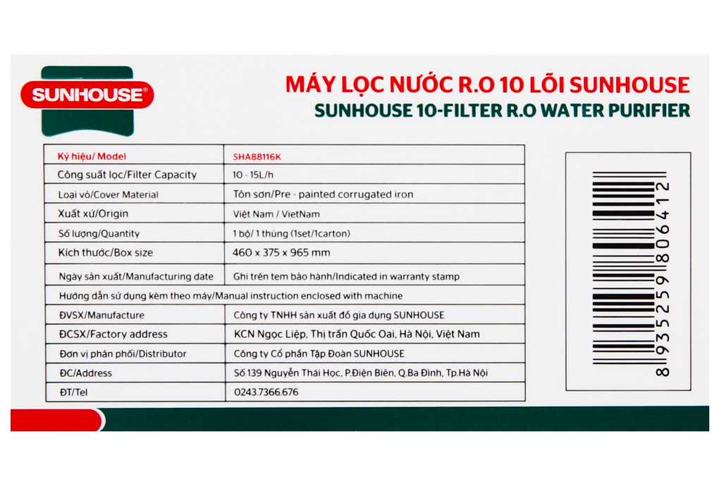 Máy lọc nước RO Sunhouse SHA88116K 10 lõi Màu Đen