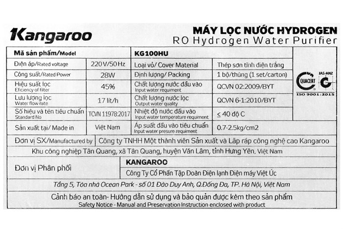 Máy lọc nước RO Hydrogen Kangaroo KG100HU 5 lõi Màu Trắng - Đen