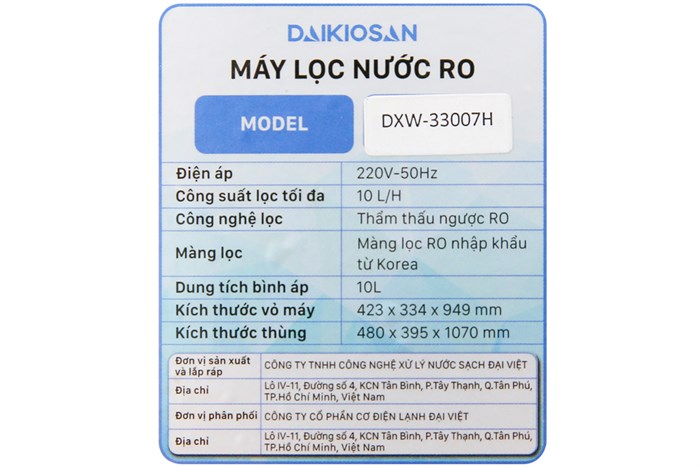Máy lọc nước RO Daikiosan DXW-33007H 7 lõi Màu Xám