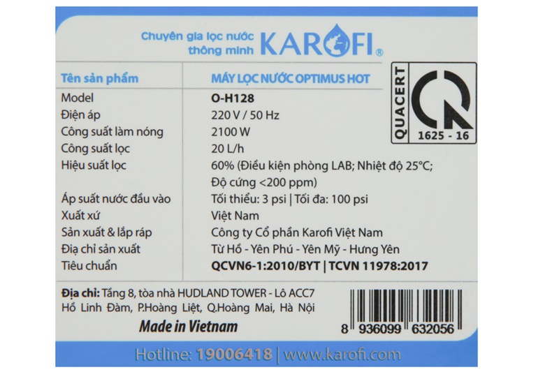 Công suất lọc mạnh mẽ đến 20 lít/giờ, dung tích bình chứa nước 8 lít - Máy lọc nước nóng RO Karofi O-H128/H 8 lõi