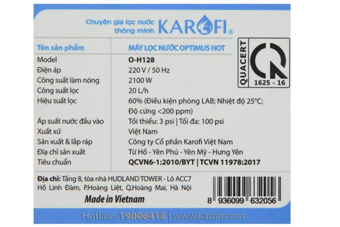 Máy lọc nước nóng nguội RO Karofi O-H128/H 8 lõi Màu Trắng - Đen