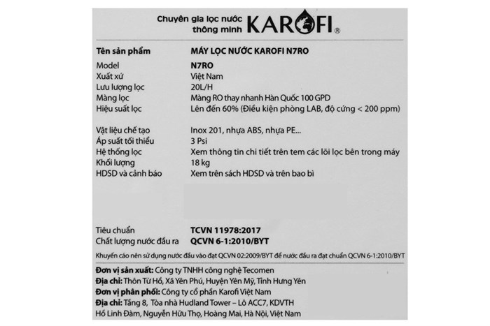 Máy lọc nước RO Karofi N7RO 7 lõi Màu Đen