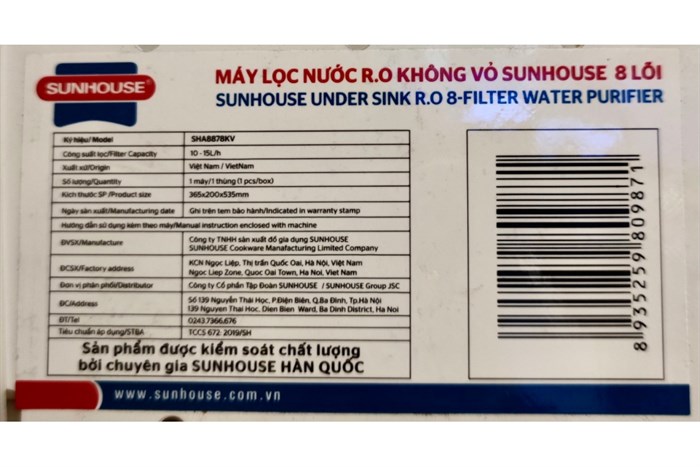 Máy lọc nước RO Sunhouse SHA8878KV 8 lõi Màu Trắng