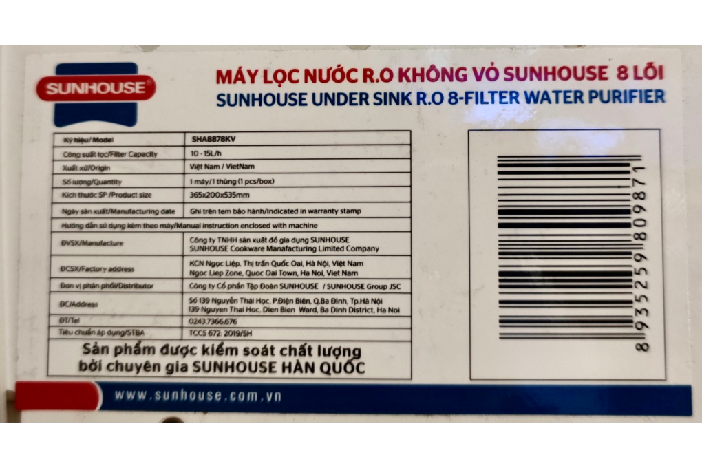 Máy lọc nước RO Sunhouse SHA8878KV 8 lõi Màu Trắng